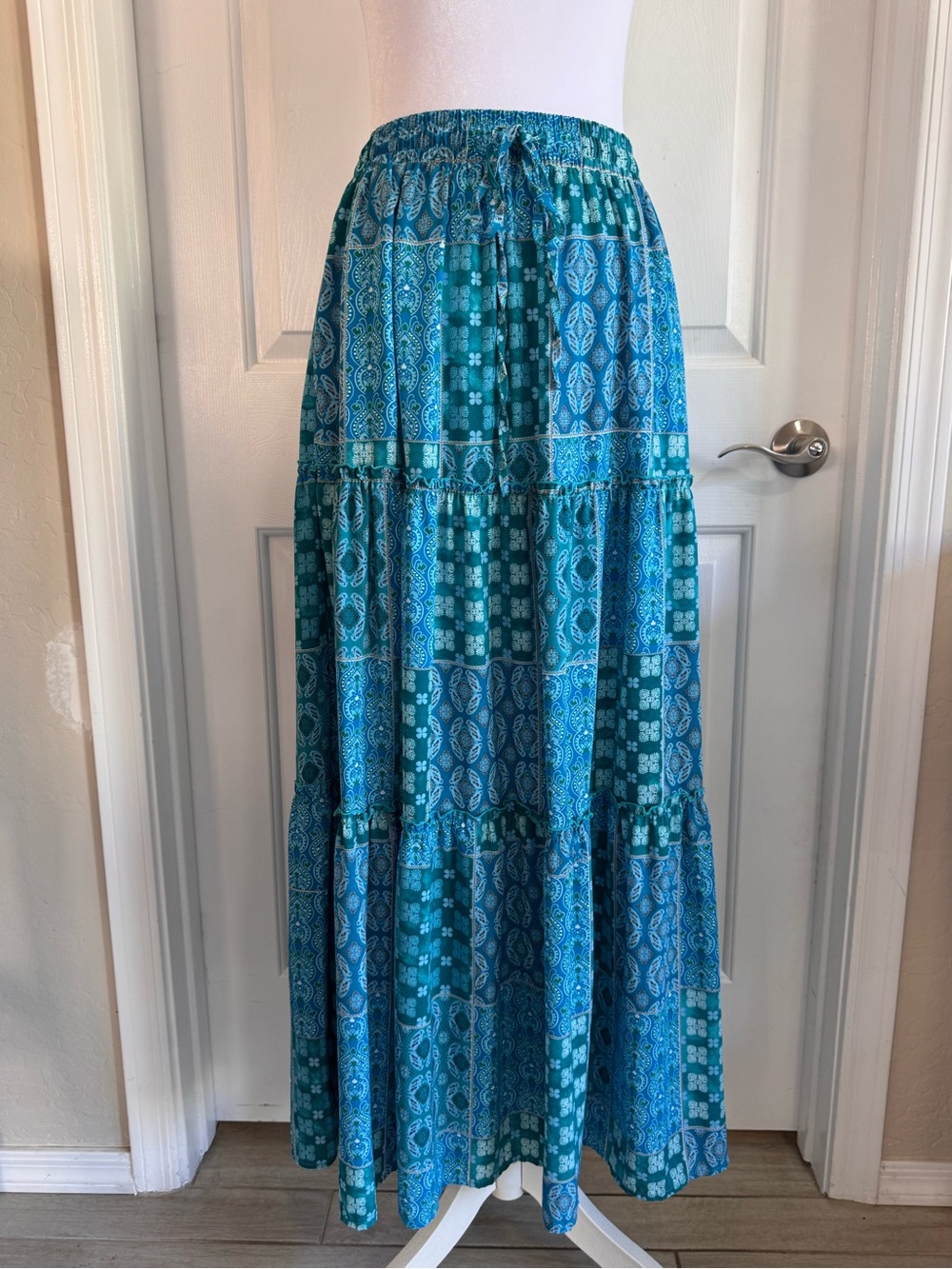 Boho Floral Patchwork Maxi Skirt w Pockets - Elastic High Waist | Teal Blue | M